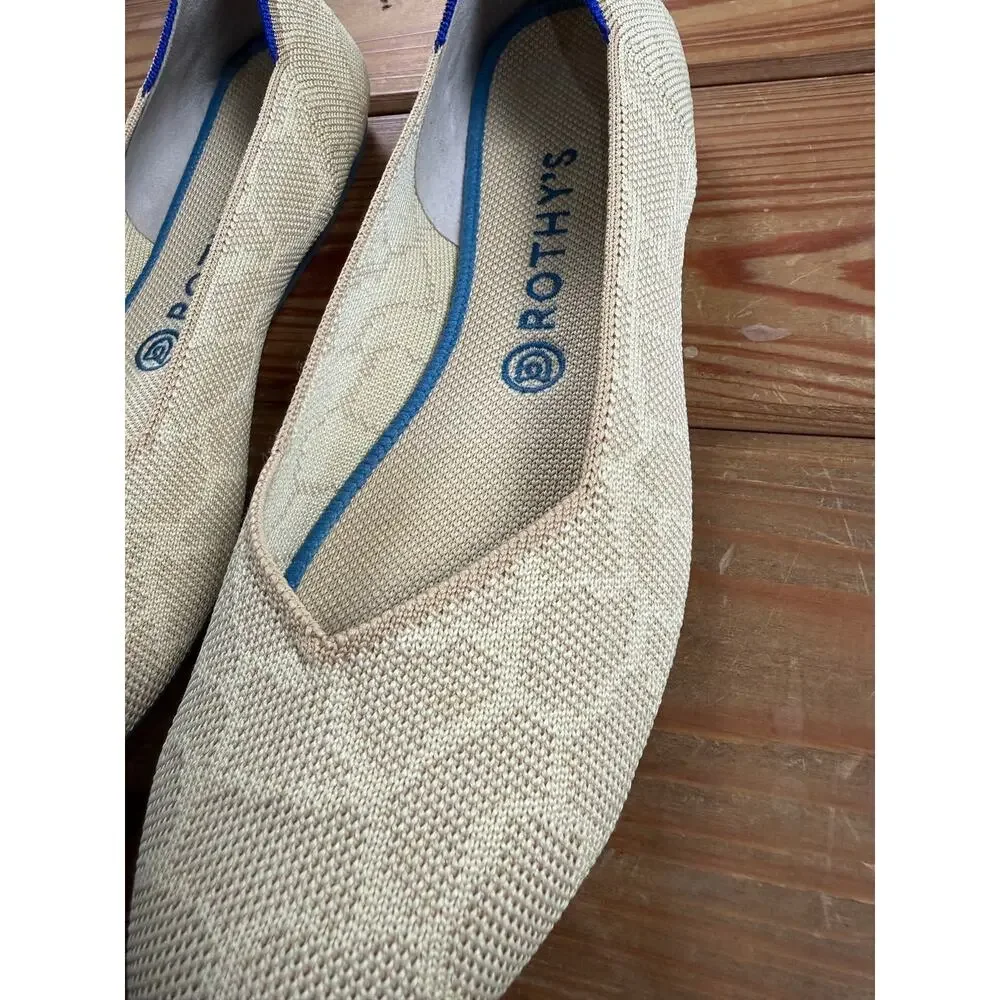 Rothy’s The Flat Beige Tan Knit Ballet Flats Blue Trim Women’s 9.5 Washable